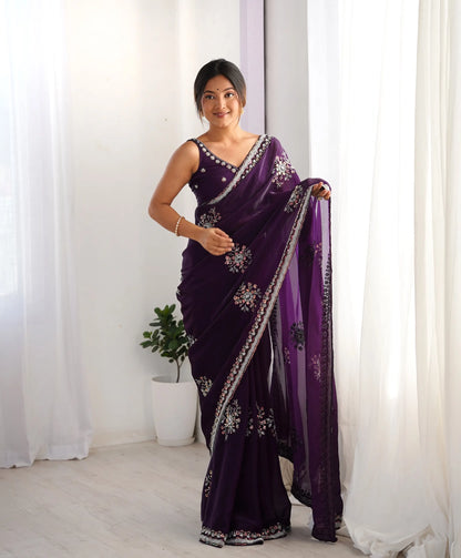Dark Purple Fendi Silk Hand Work Saree