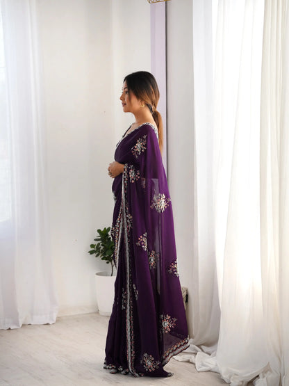 Dark Purple Fendi Silk Hand Work Saree