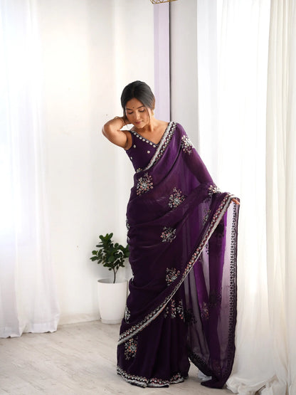 Dark Purple Fendi Silk Hand Work Saree