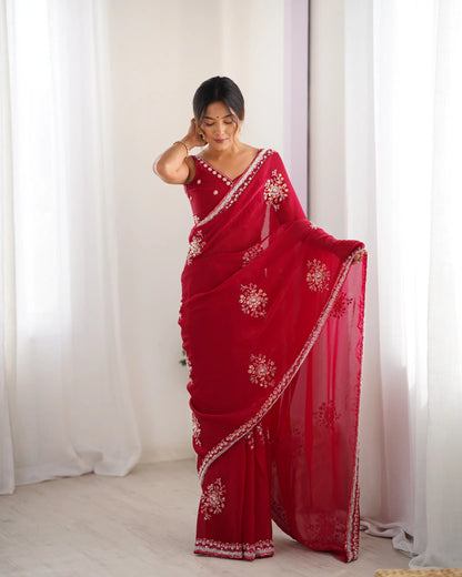 Bright Red Fendi Silk Hand Work Saree