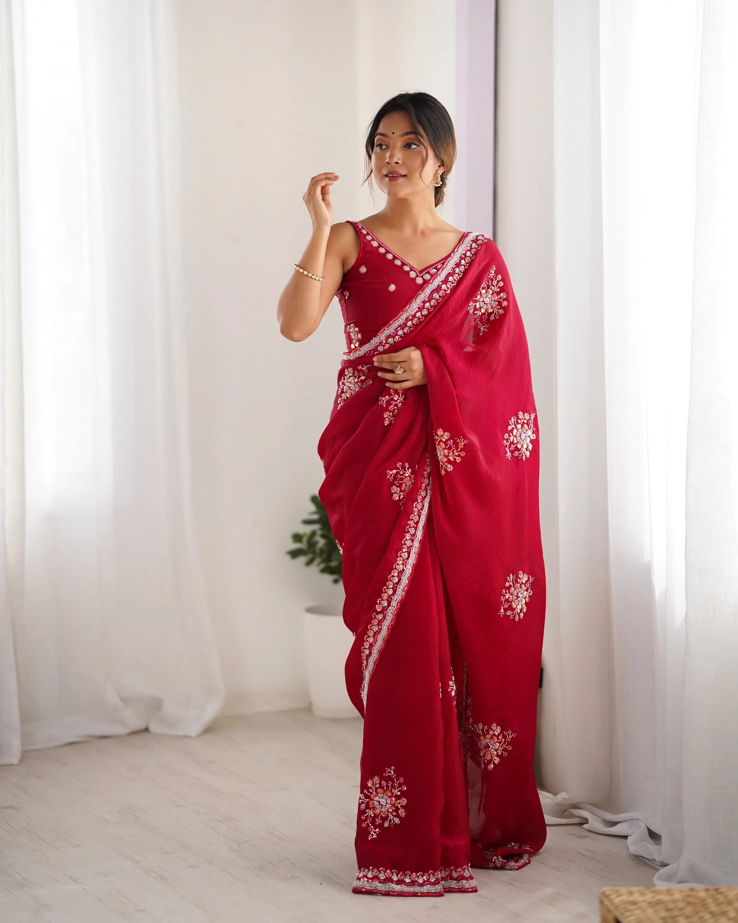 Bright Red Fendi Silk Hand Work Saree
