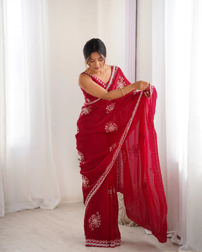 Bright Red Fendi Silk Hand Work Saree