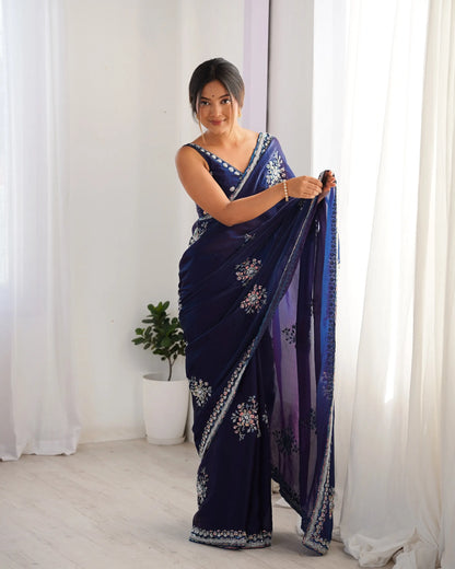 Midnight Blue Fendi Silk Hand Work Saree