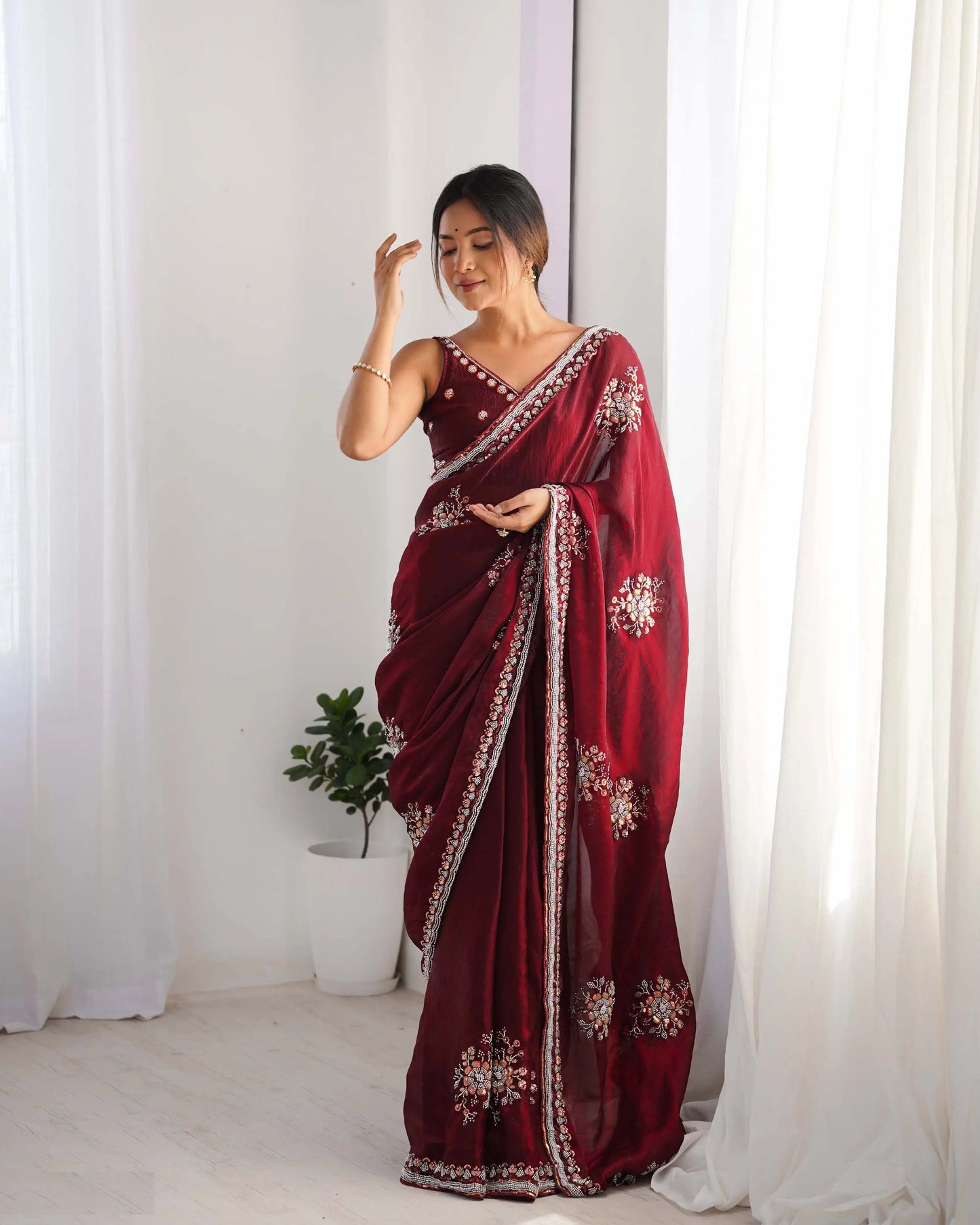 Maroon Fendi Silk Hand Work Saree