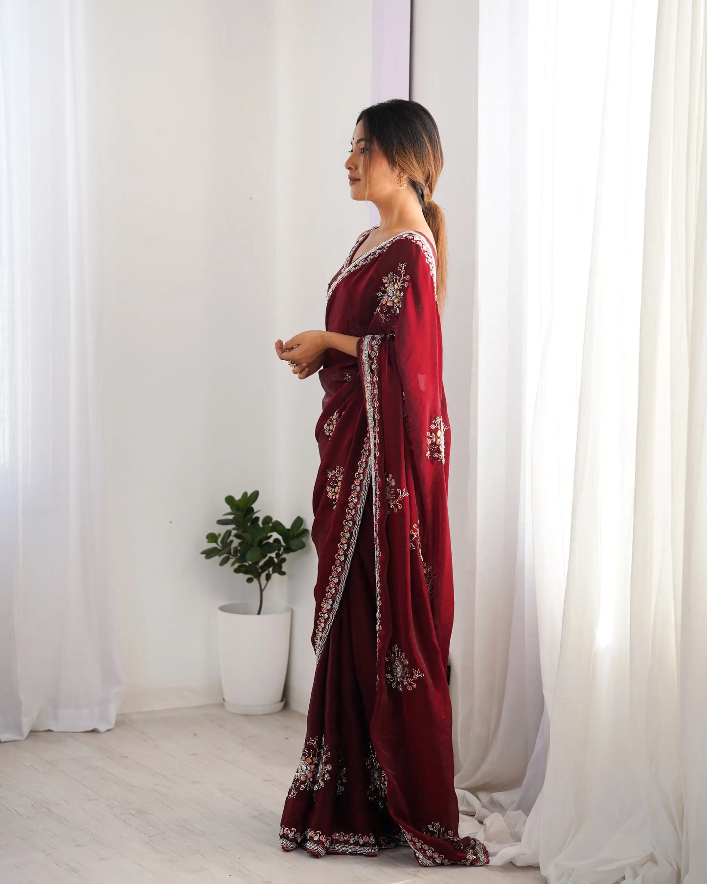 Maroon Fendi Silk Hand Work Saree