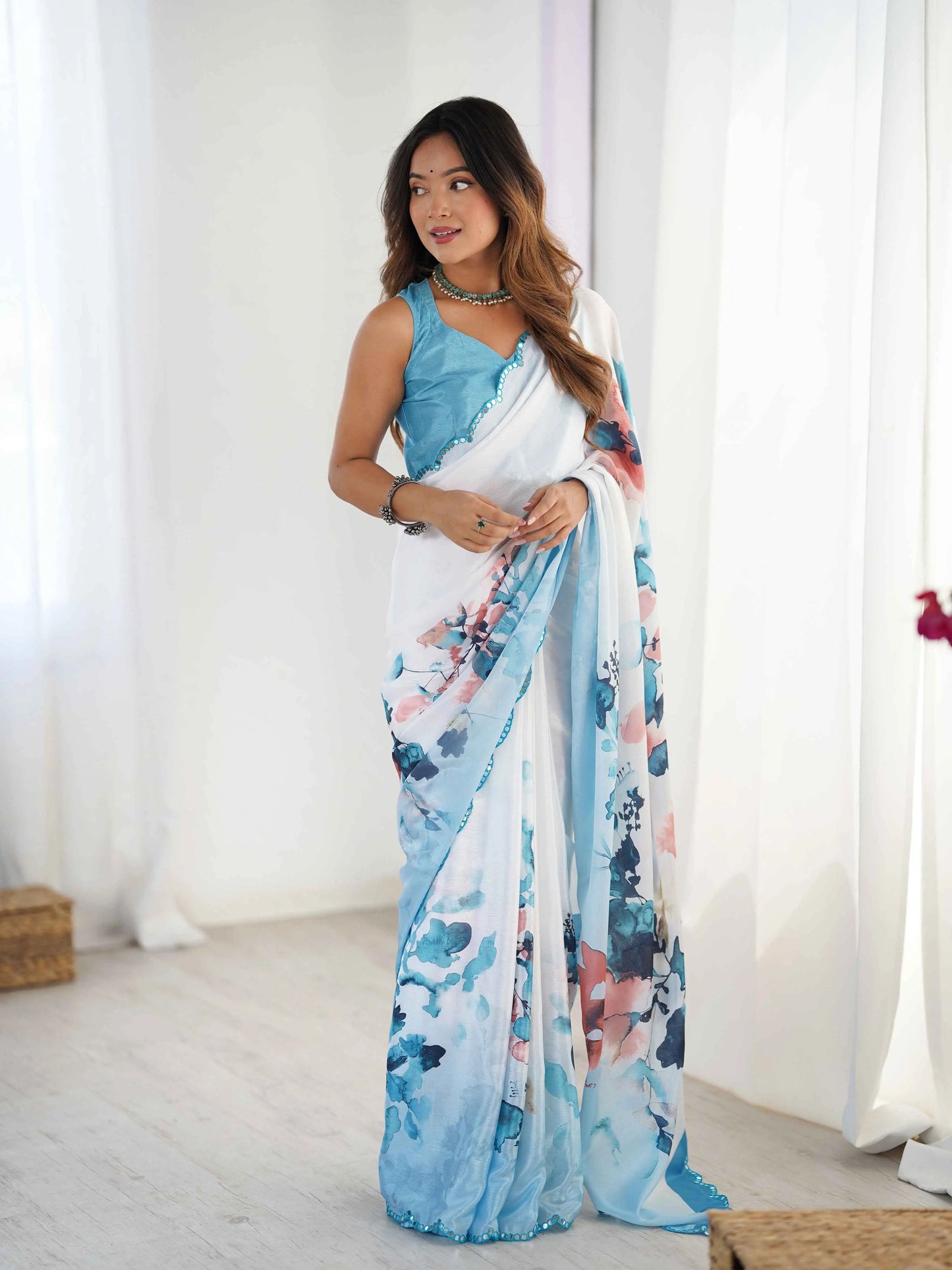 Cloudy Blue Digital Floral Print With Mirror Cut Work Saree