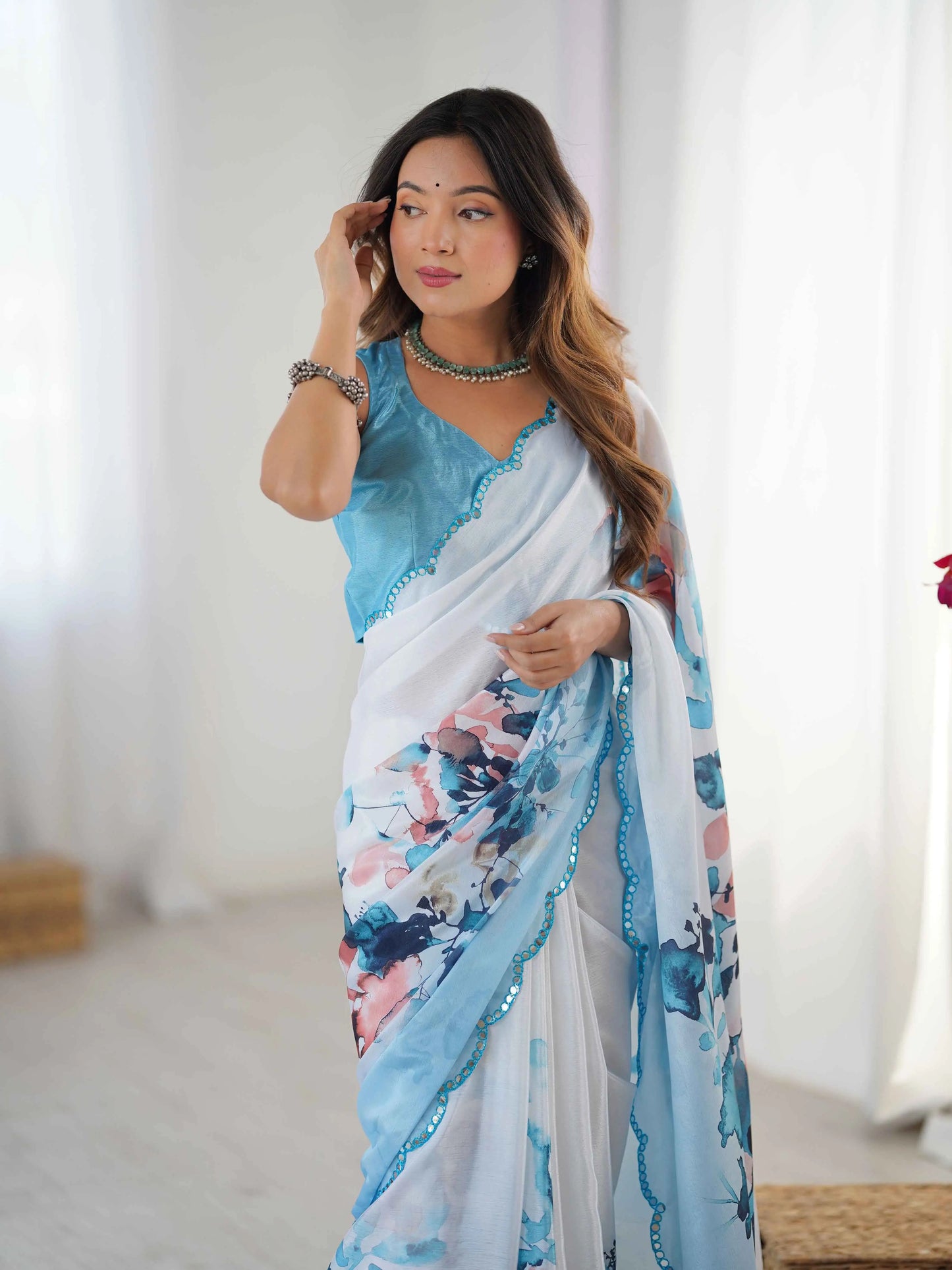 Cloudy Blue Digital Floral Print With Mirror Cut Work Saree