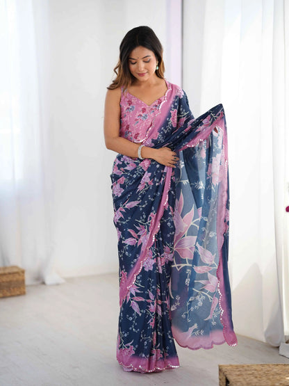 Navy Blue Digital Floral Print With Mirror Cut Work Saree