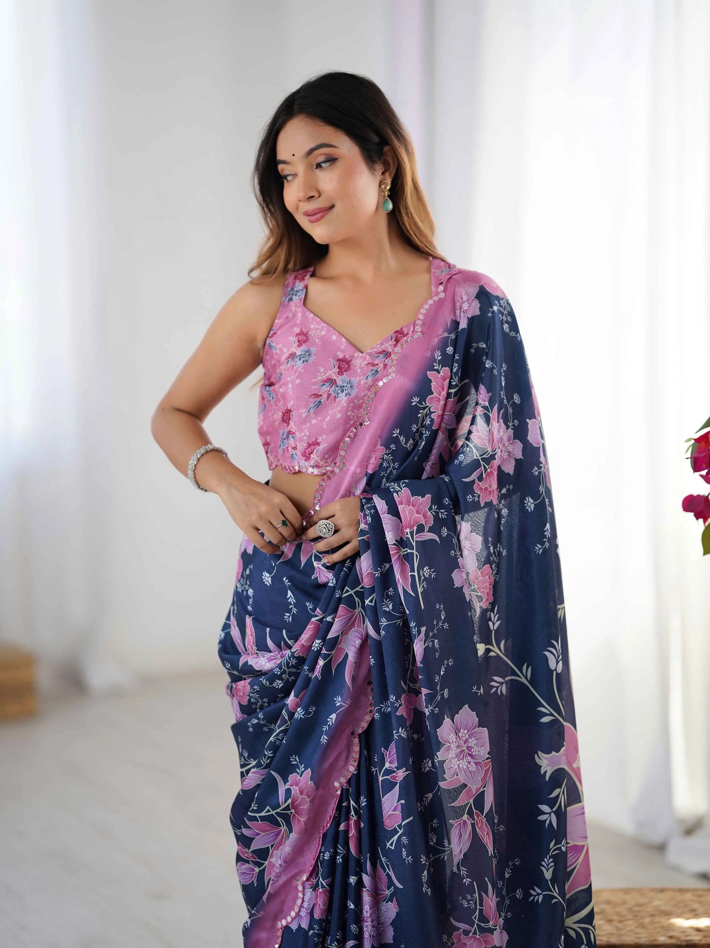 Navy Blue Digital Floral Print With Mirror Cut Work Saree
