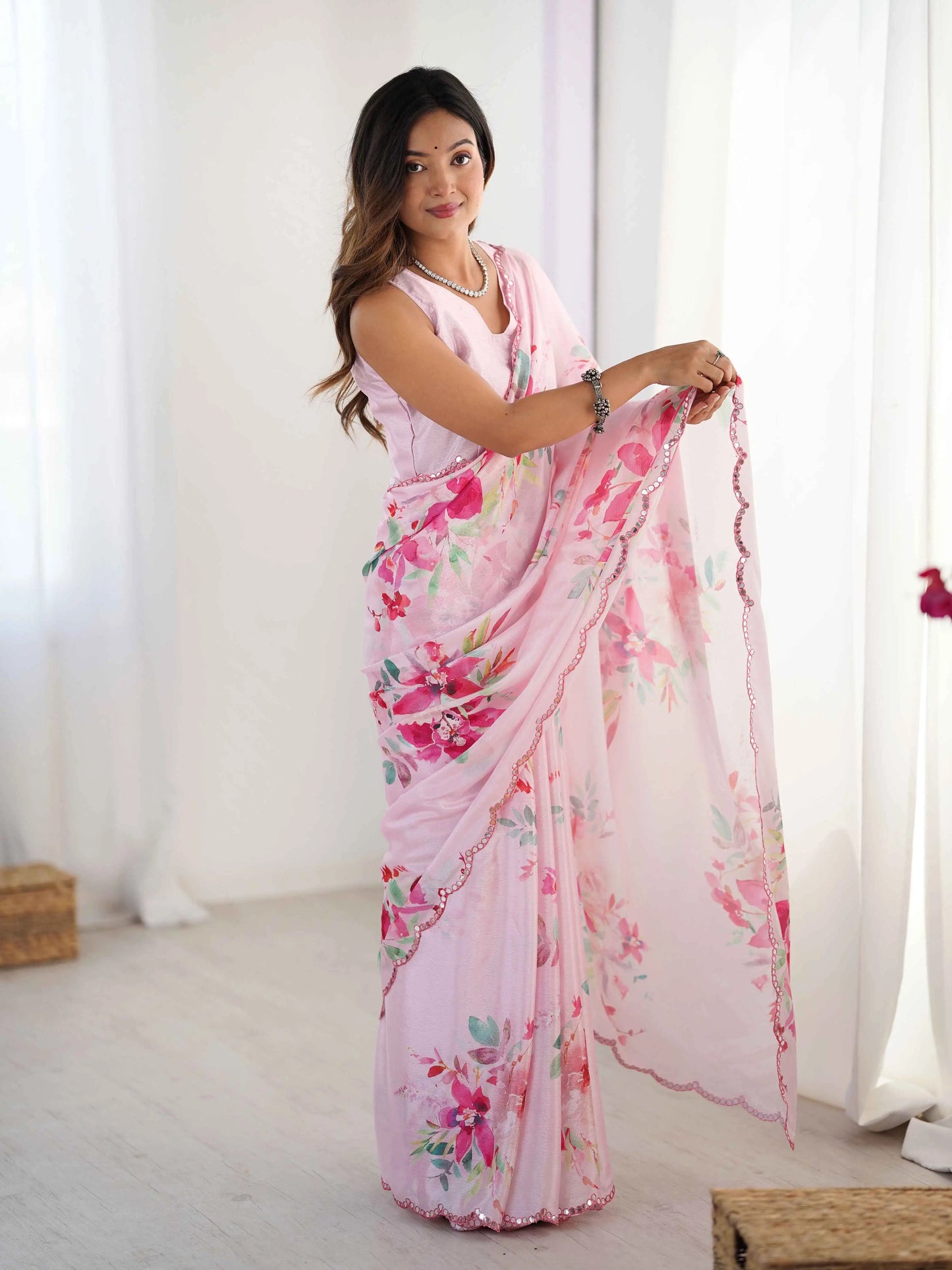 Pastel Baby Pink Digital Floral Print With Mirror Cut Work Saree