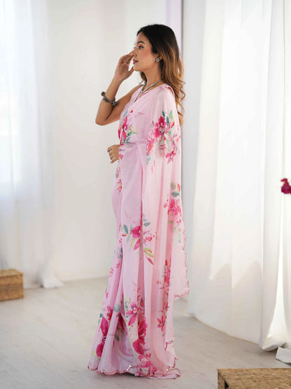 Pastel Baby Pink Digital Floral Print With Mirror Cut Work Saree
