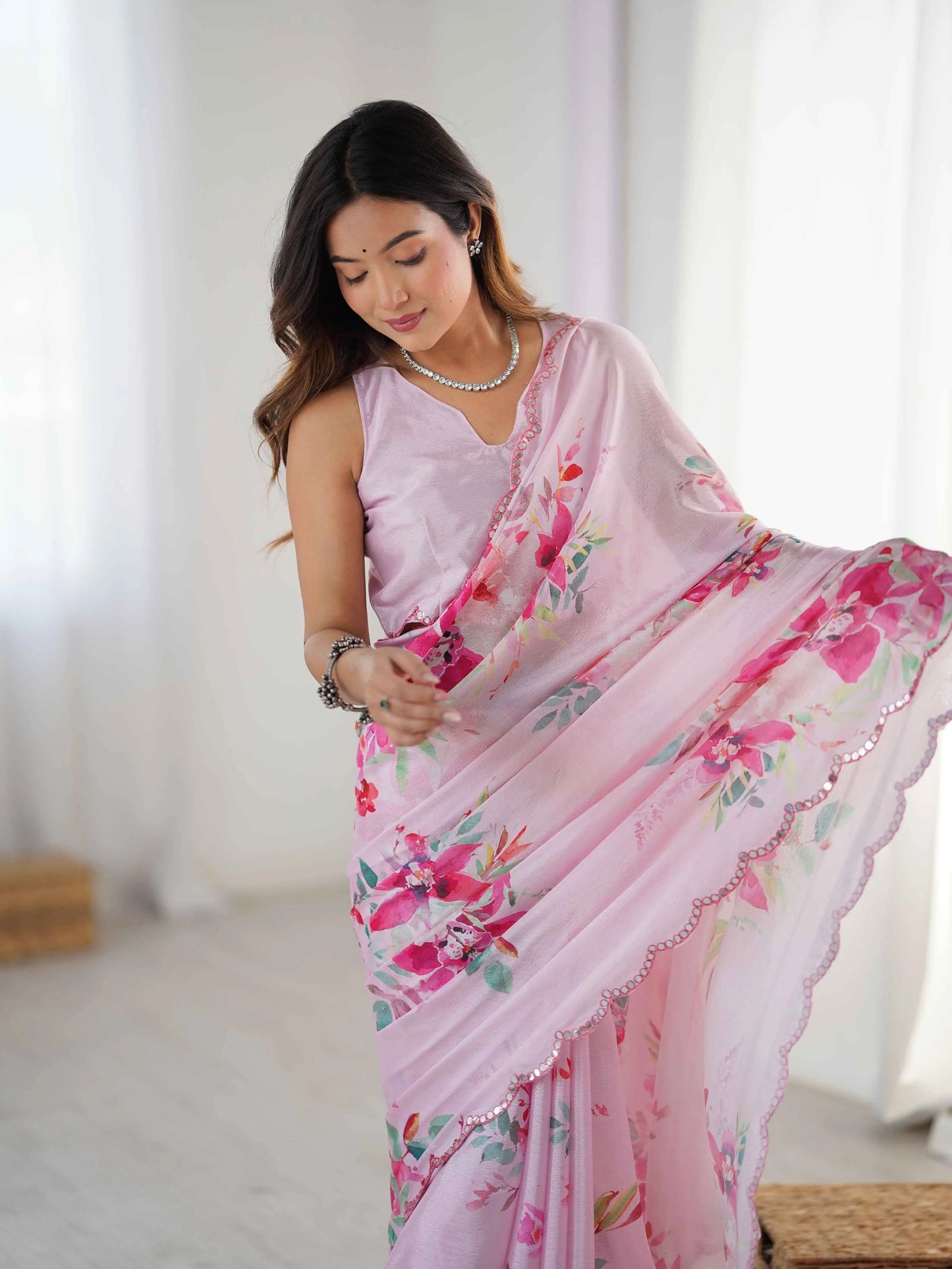 Pastel Baby Pink Digital Floral Print With Mirror Cut Work Saree
