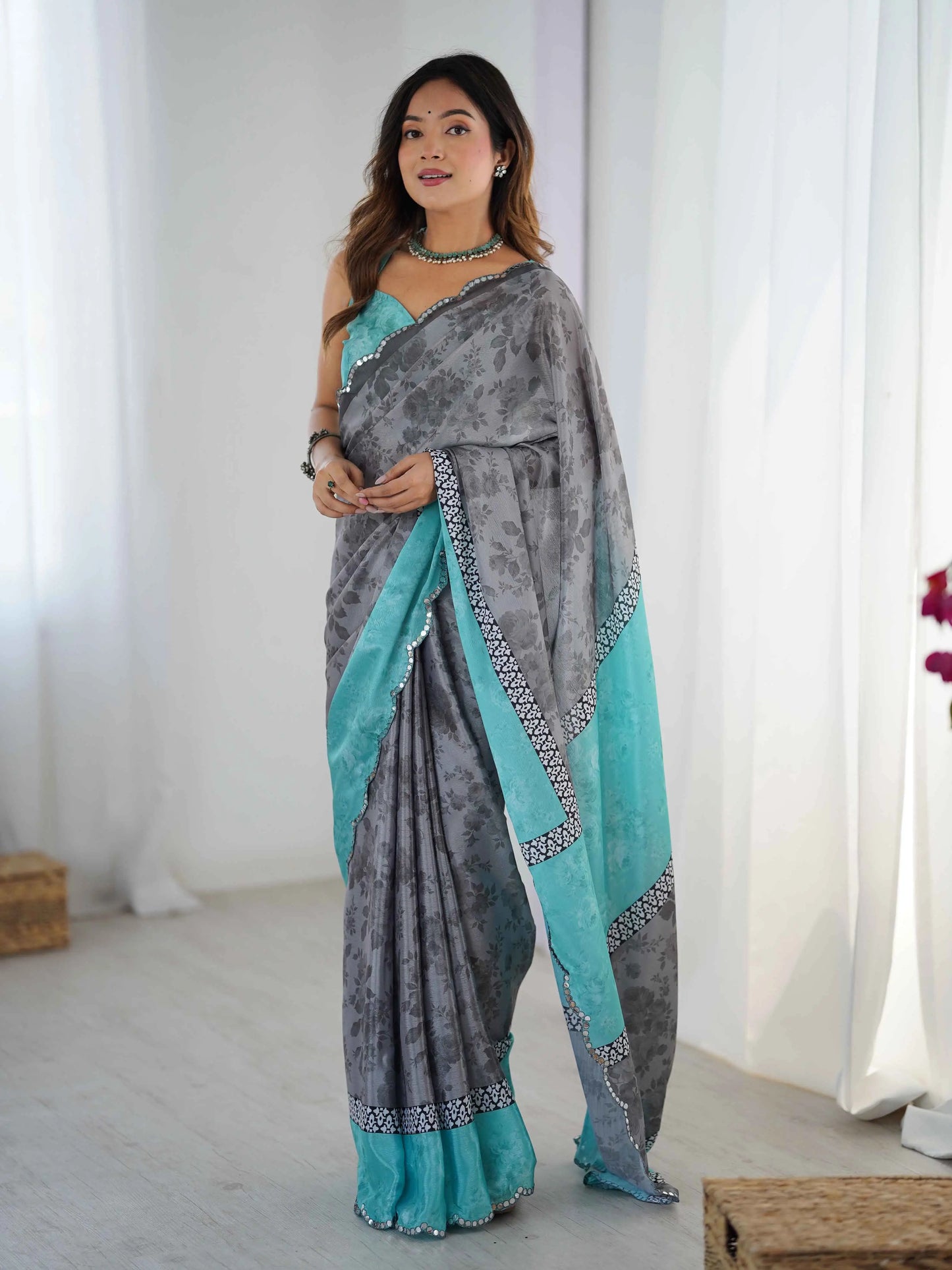 Oslo Grey Digital Floral Print With Mirror Cut Work Saree