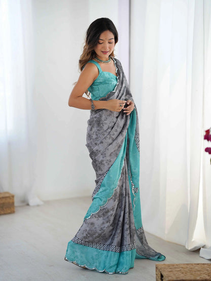 Oslo Grey Digital Floral Print With Mirror Cut Work Saree