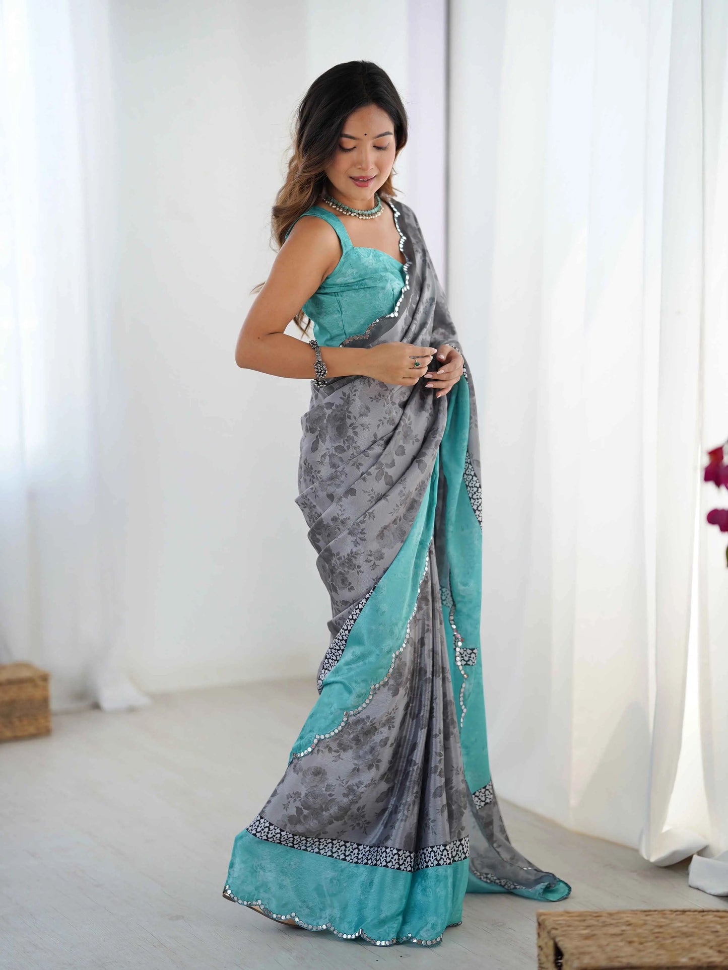 Oslo Grey Digital Floral Print With Mirror Cut Work Saree