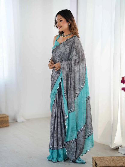 Oslo Grey Digital Floral Print With Mirror Cut Work Saree