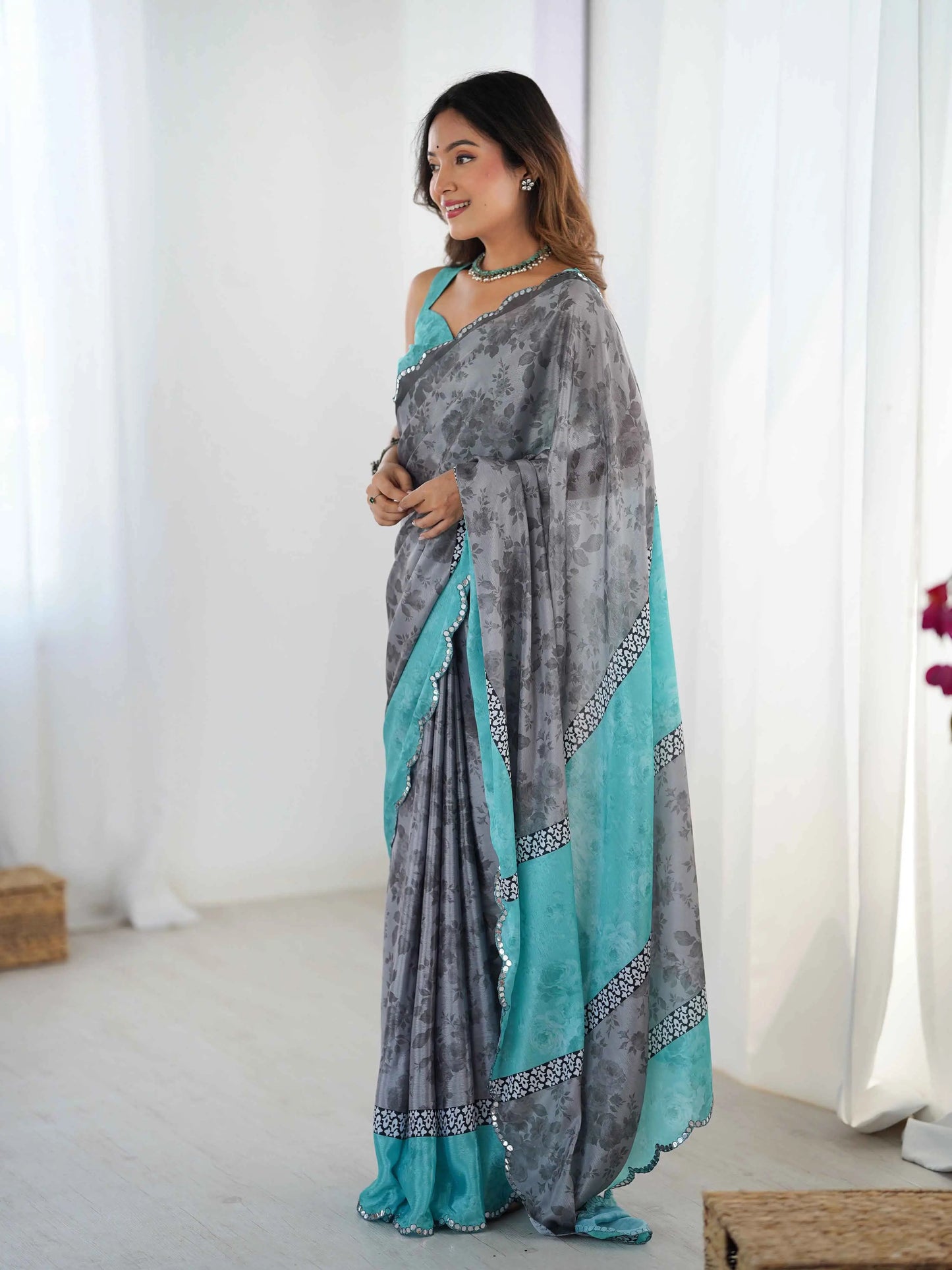 Oslo Grey Digital Floral Print With Mirror Cut Work Saree