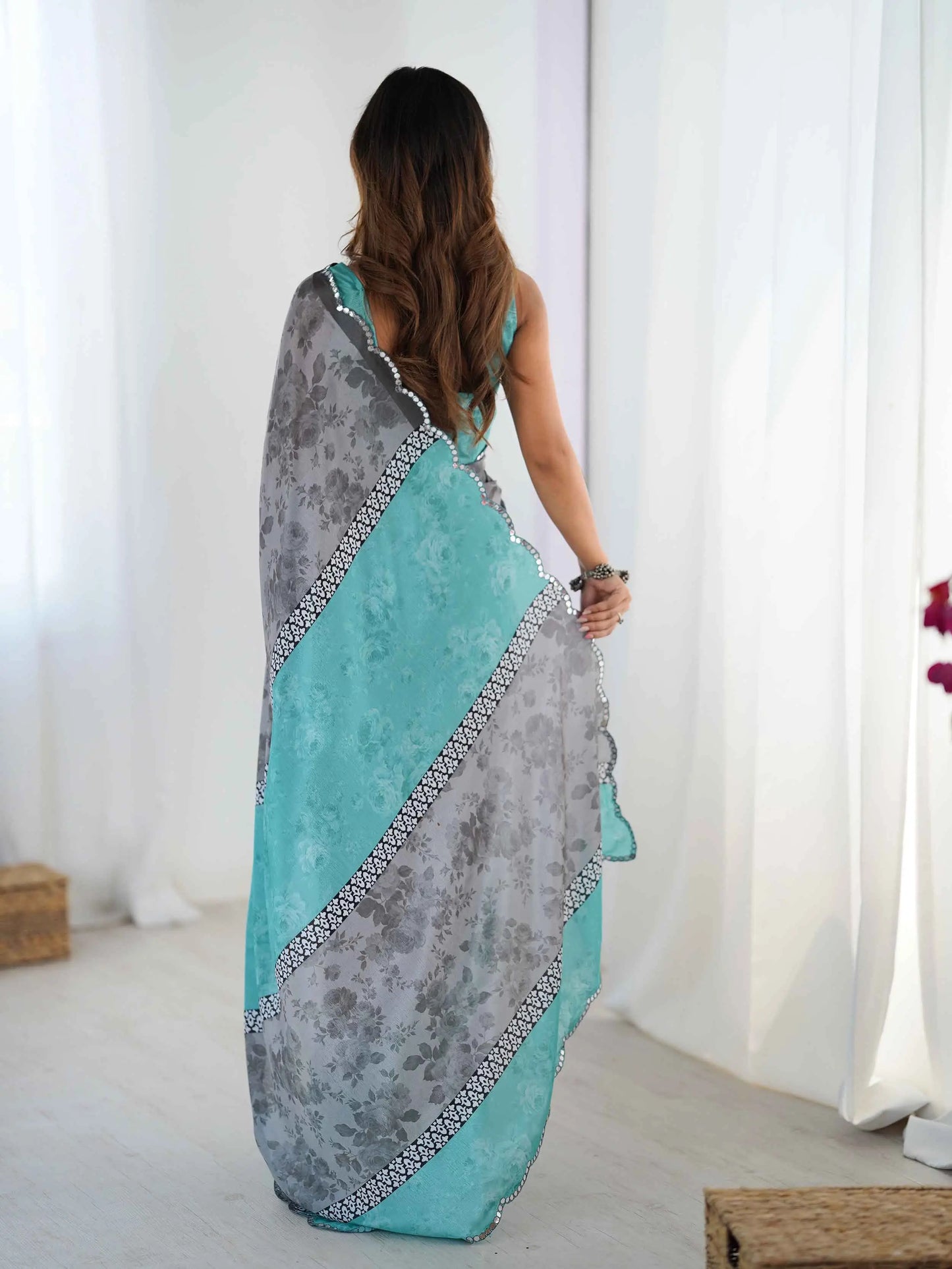 Oslo Grey Digital Floral Print With Mirror Cut Work Saree