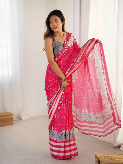 Cerise Pink Digital Floral Print With Mirror Cut Work Saree