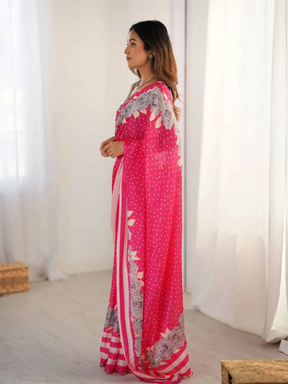 Cerise Pink Digital Floral Print With Mirror Cut Work Saree