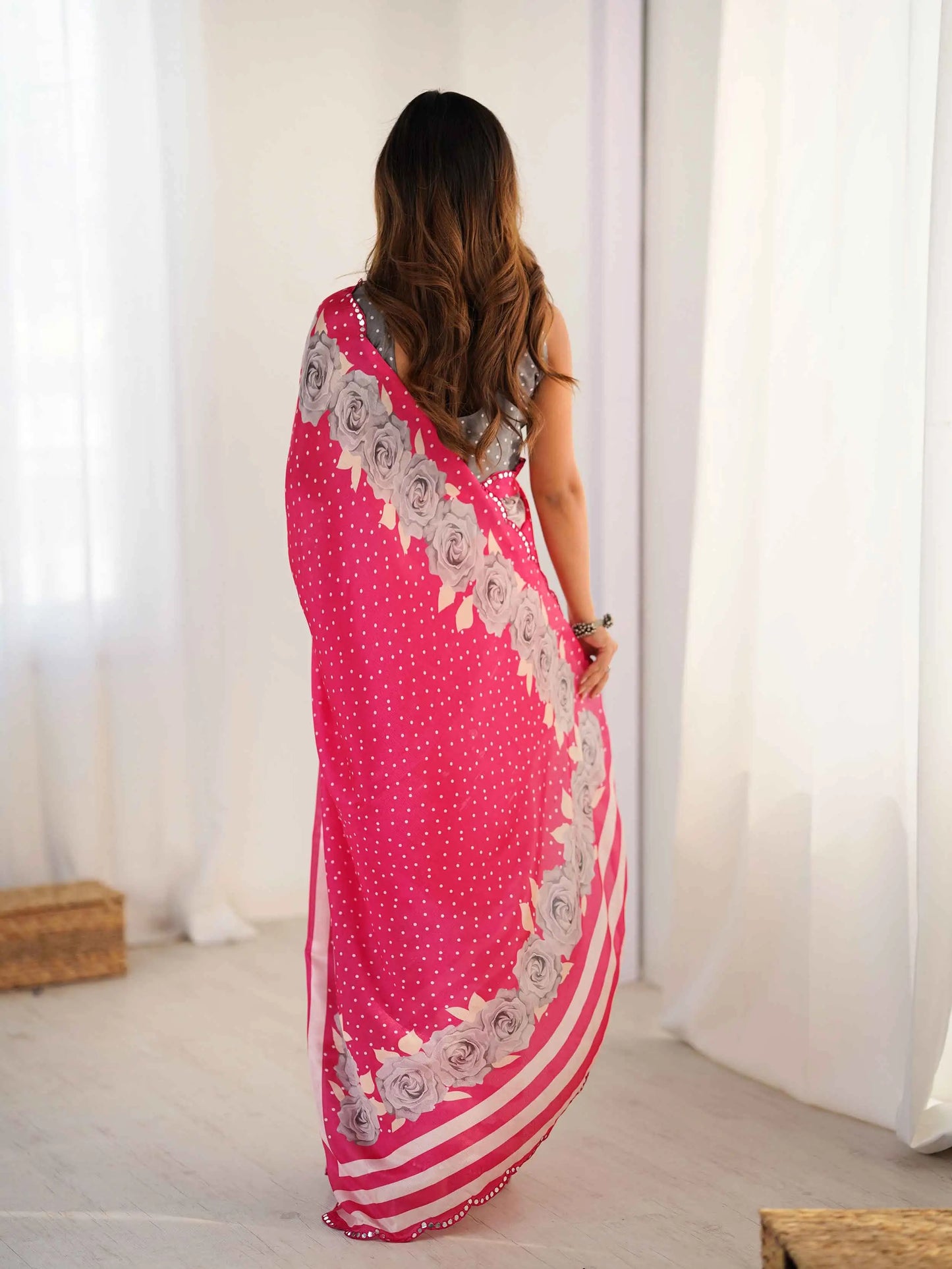 Cerise Pink Digital Floral Print With Mirror Cut Work Saree