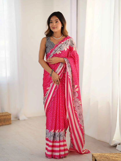 Cerise Pink Digital Floral Print With Mirror Cut Work Saree