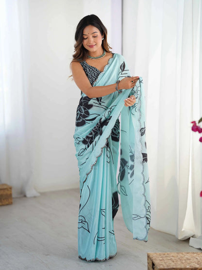 Sky Blue Digital Floral Print With Mirror Cut Work Saree