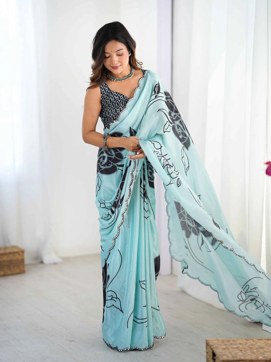 Sky Blue Digital Floral Print With Mirror Cut Work Saree