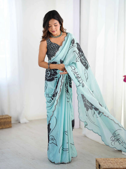 Sky Blue Digital Floral Print With Mirror Cut Work Saree
