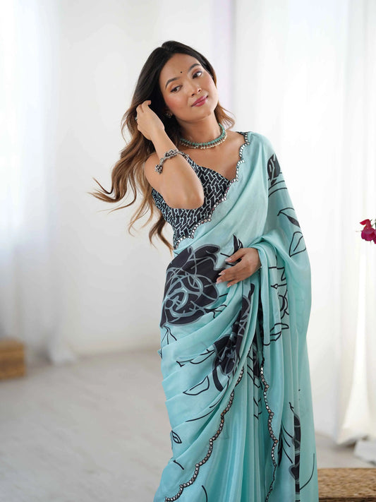 Sky Blue Digital Floral Print With Mirror Cut Work Saree