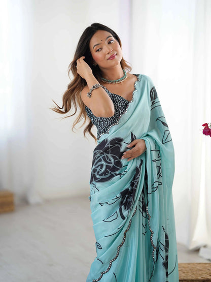 Sky Blue Digital Floral Print With Mirror Cut Work Saree