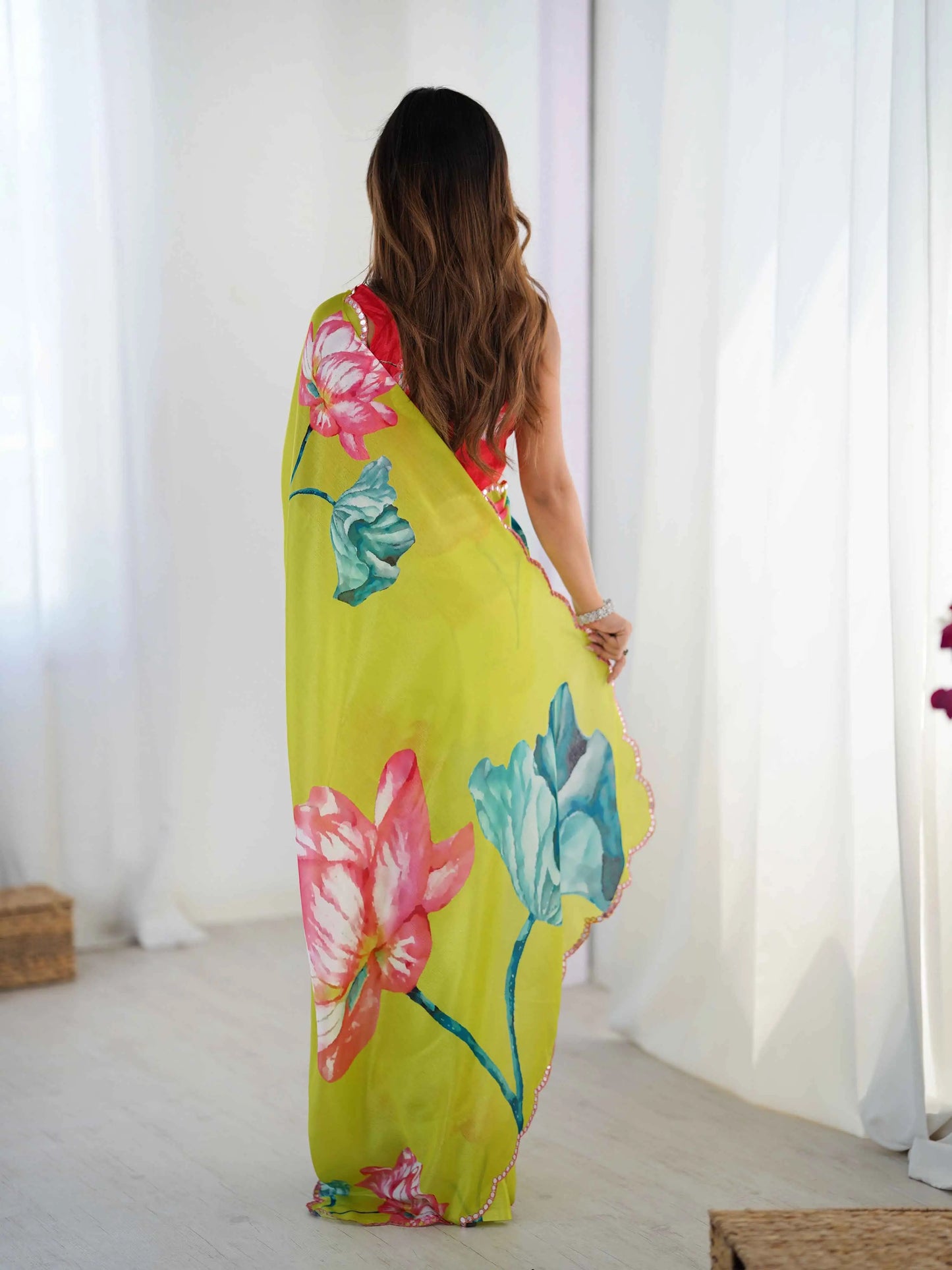 Neon Parrot Digital Floral Print With Mirror Cut Work Saree