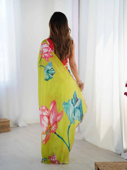 Neon Parrot Digital Floral Print With Mirror Cut Work Saree