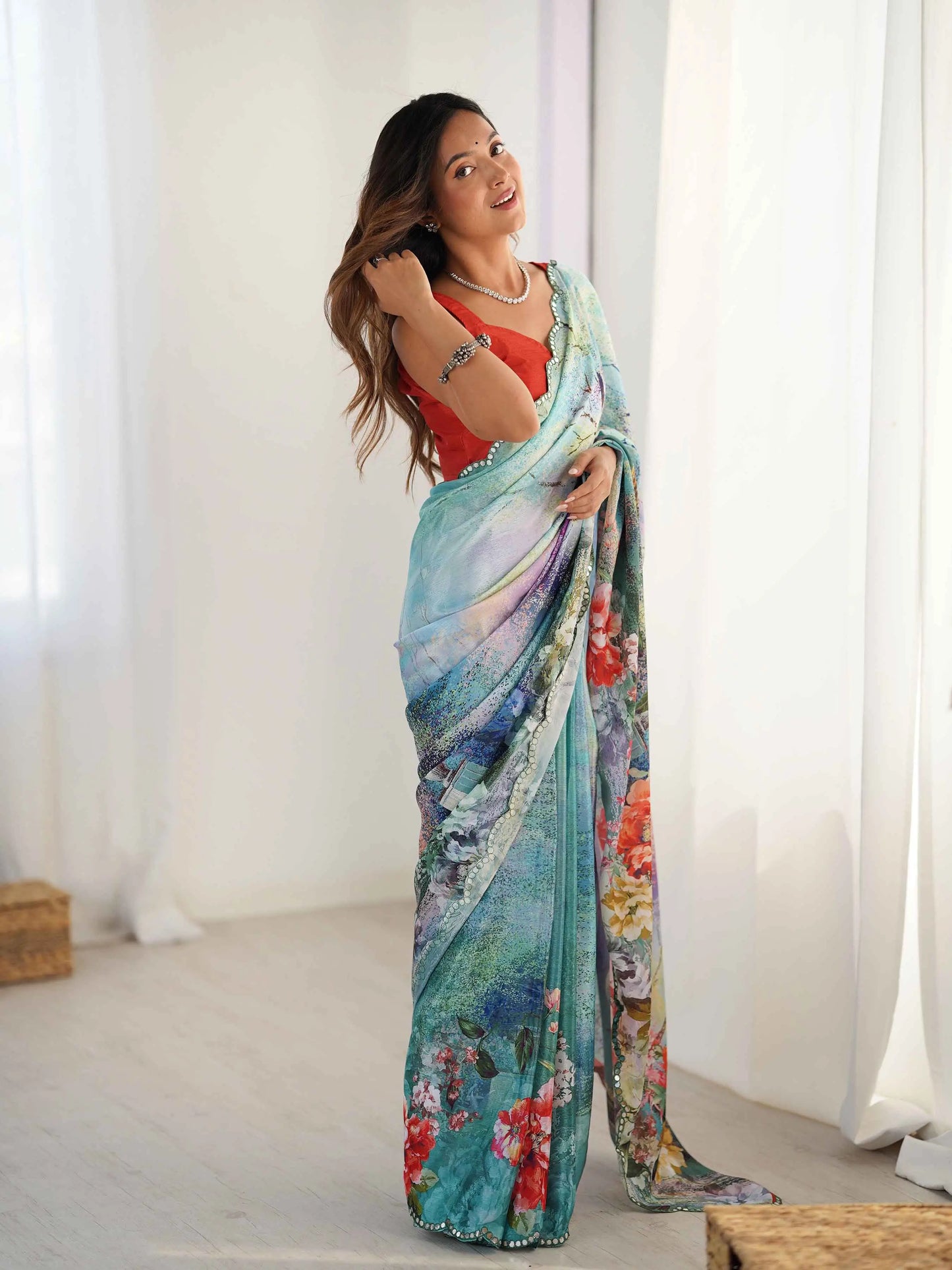 Greyish Teal Blue Digital Floral Print With Mirror Cut Work Saree