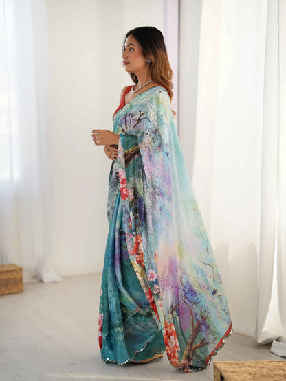 Greyish Teal Blue Digital Floral Print With Mirror Cut Work Saree