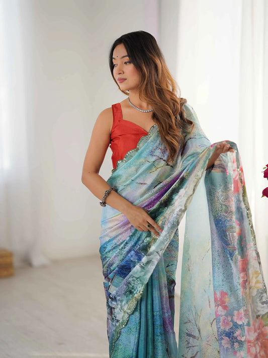 Greyish Teal Blue Digital Floral Print With Mirror Cut Work Saree