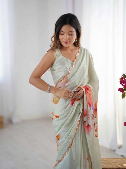 Dark Beige Digital Floral Print With Mirror Cut Work Saree