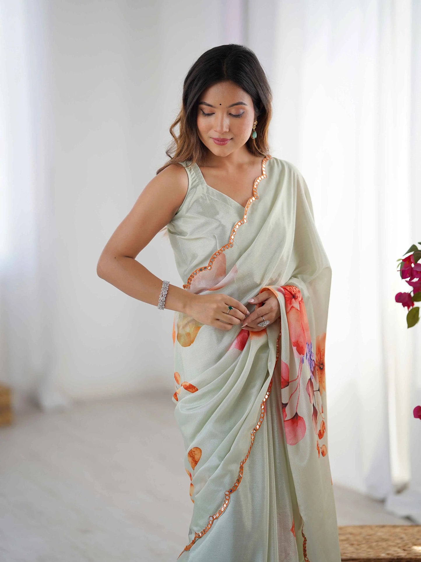 Dark Beige Digital Floral Print With Mirror Cut Work Saree