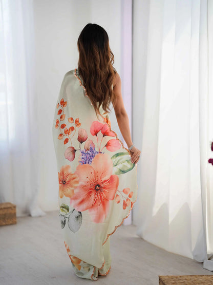 Dark Beige Digital Floral Print With Mirror Cut Work Saree