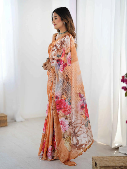 Peach Brown Digital Floral Print With Mirror Cut Work Saree