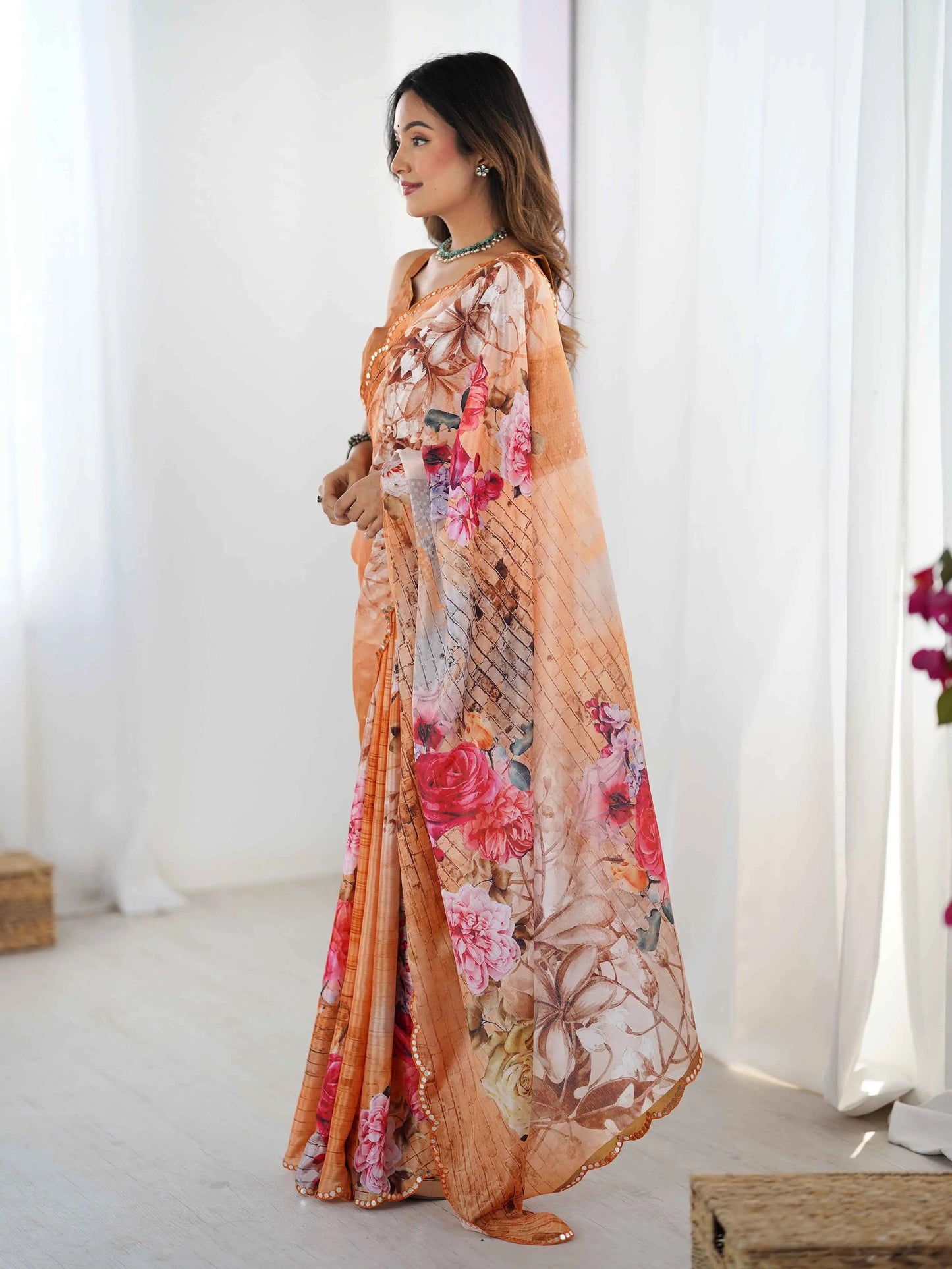 Peach Brown Digital Floral Print With Mirror Cut Work Saree