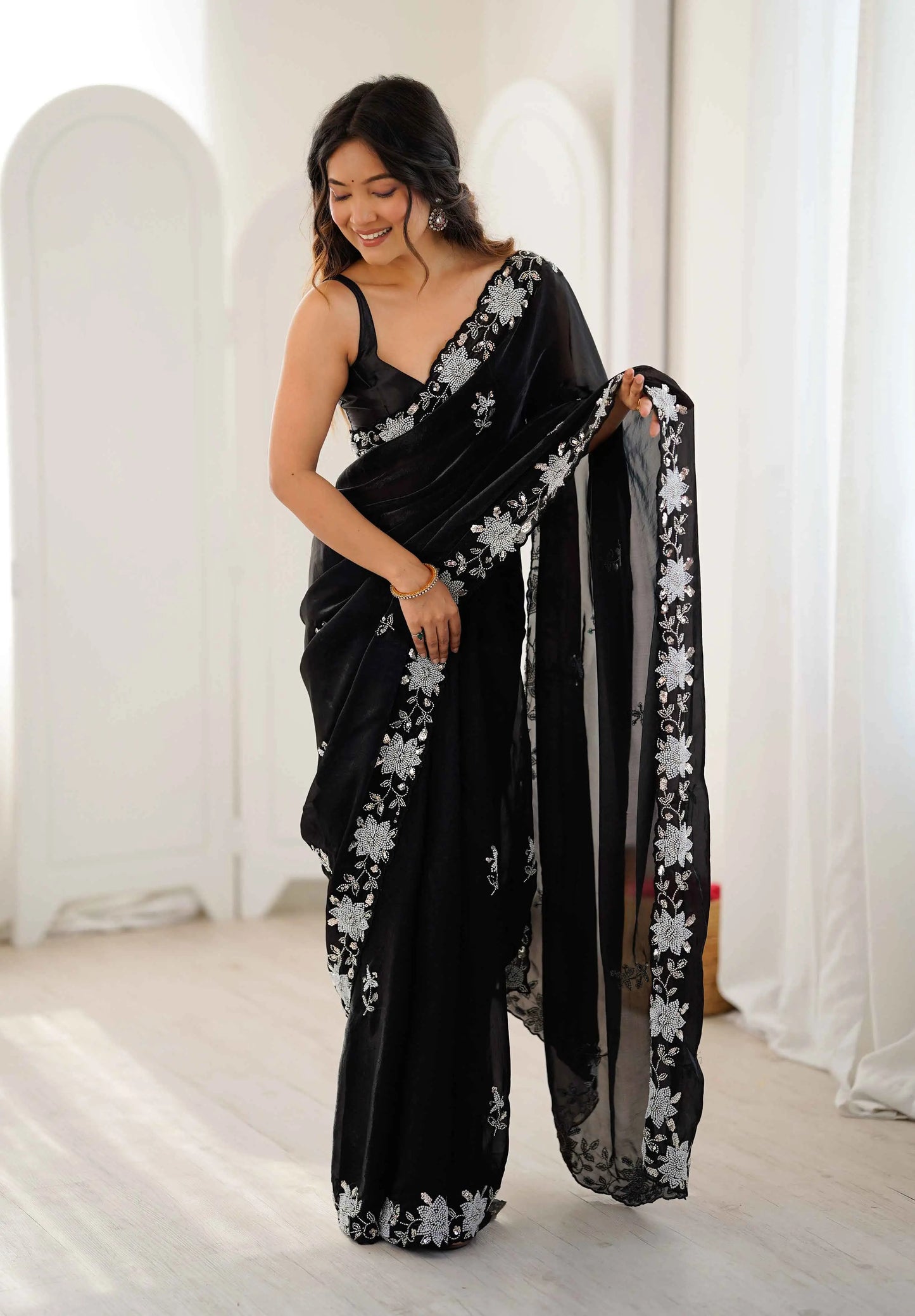 Shiny Black Hand Work Party Wear Saree