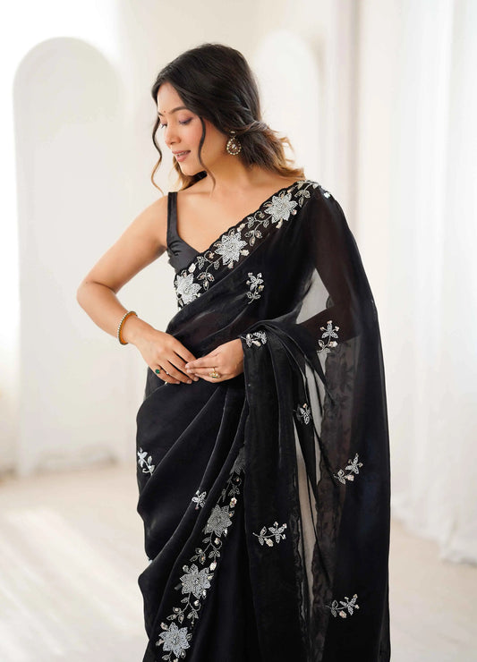 Shiny Black Hand Work Party Wear Saree