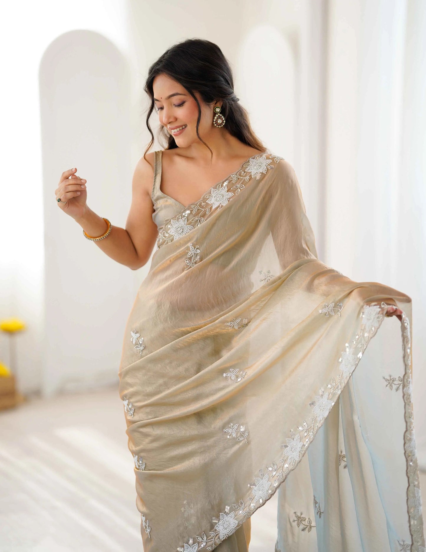 Shiny Beige Hand Work Party Wear Saree