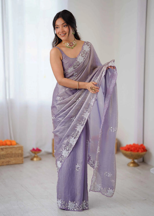 Shiny Lavender Hand Work Party Wear Saree