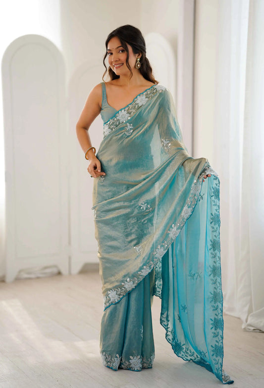 Shiny Teal Blue Hand Work Party Wear Saree