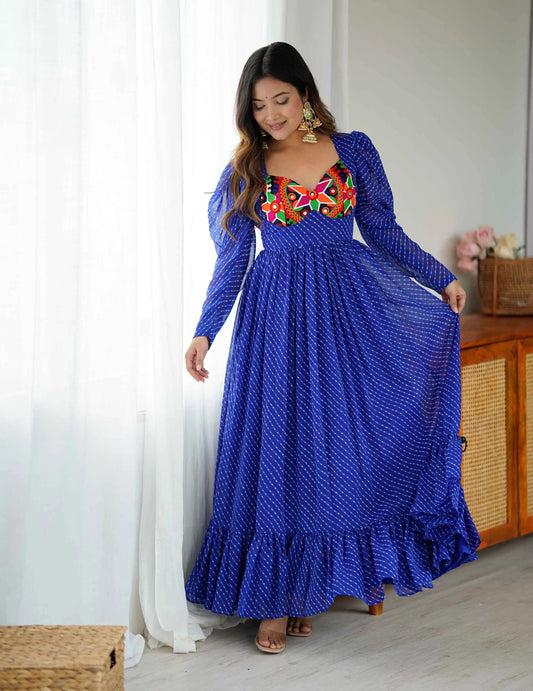 Royal Blue Laheriya Print Chain Stitch Wok Navratri Gown