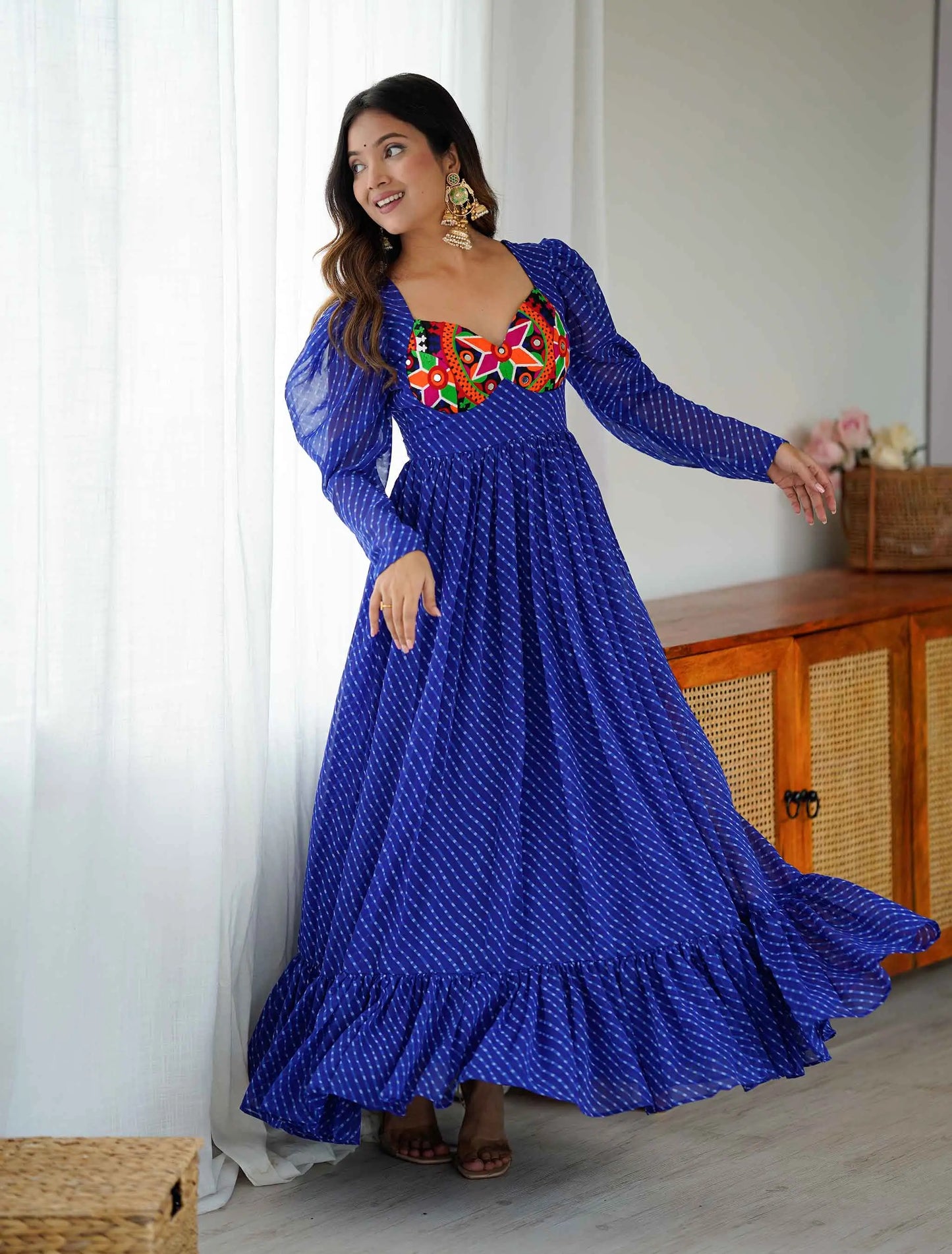 Royal Blue Laheriya Print Chain Stitch Wok Navratri Gown