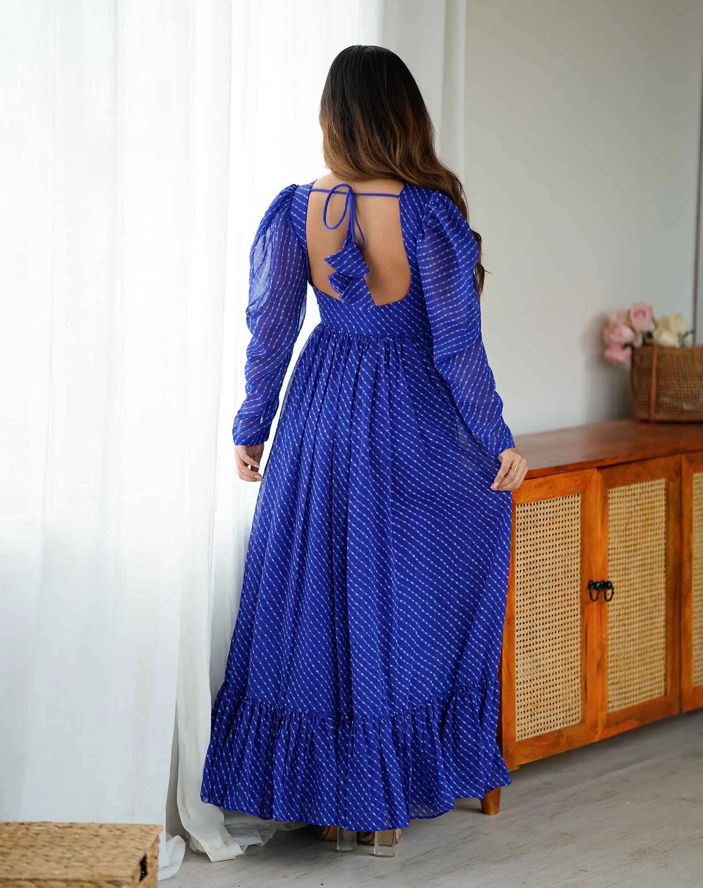 Royal Blue Laheriya Print Chain Stitch Wok Navratri Gown