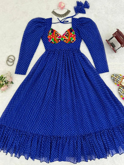 Royal Blue Laheriya Print Chain Stitch Wok Navratri Gown